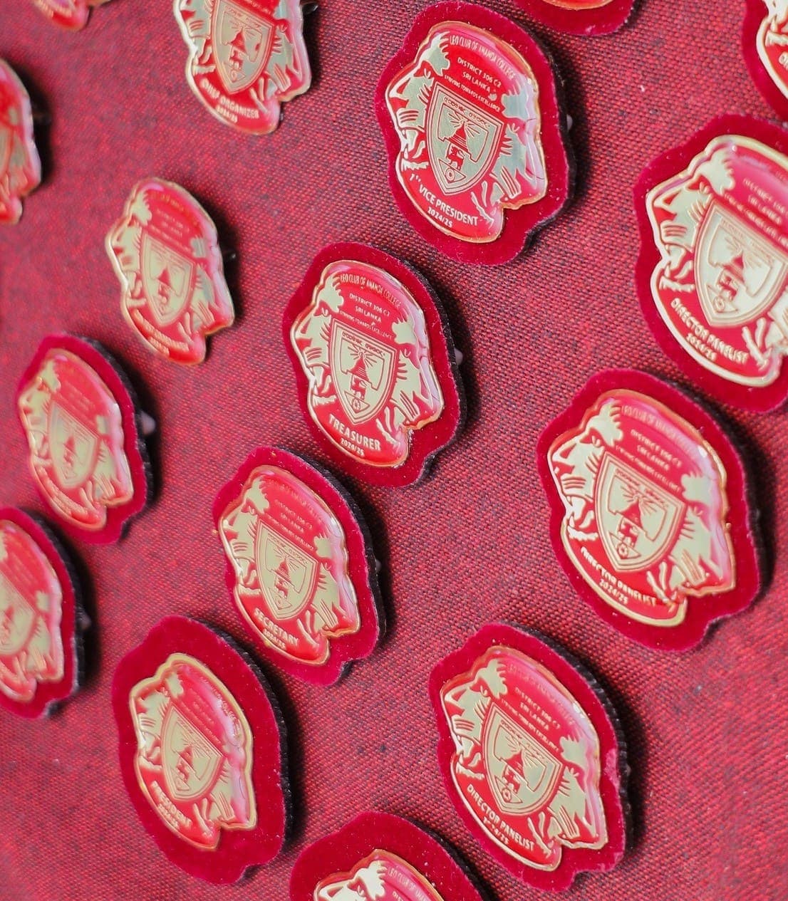 Enamel officer badges bearing the Leo Club of Ananda College crest, engraved with club roles for the 2024/25 year